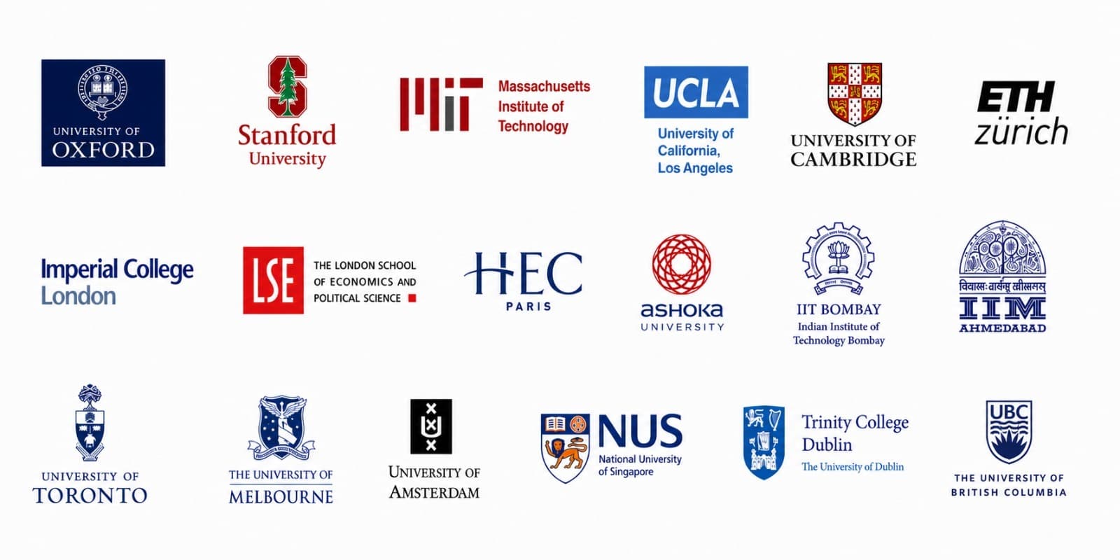 Top Universities and Colleges including Stanford, Cambridge, MIT, Harvard, Oxford, Georgia Tech, LSE, USC, and UCLA